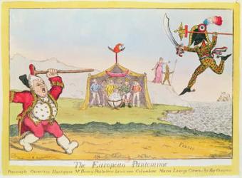 'The European Pantomime', cartoon of Napoleon (1769-1821) as Harlequin, King Louis XVIII (1755-1824) as Pantaloon, Queen Marie-Louise (1791-1847) as Columbine and the Congress of Vienna (coloured engraving) | Obraz na stenu