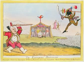 'The European Pantomime', cartoon of Napoleon (1769-1821) as Harlequin, King Louis XVIII (1755-1824) as Pantaloon, Queen Marie-Louise (1791-1847) as Columbine and the Congress of Vienna (coloured engraving) | Obraz na stenu