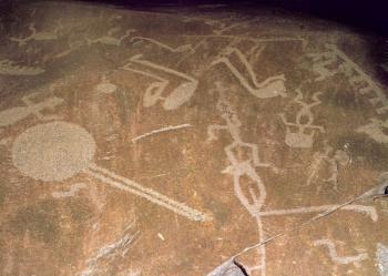 Carved petroglyph depicting figures, deer, elk, birds, boats and circles, 3rd millennium BC (granite) | Obraz na stenu