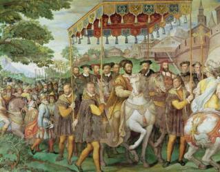 The Solemn Entrance of Emperor Charles V (1500-58), Francis I (1494-1547) and Alessandro Farnese (1546-92) to Paris in 1540, from the 'Sala dei Fasti Farnese', 1557-66 (fresco) (detail of 133347, see also 156714) | Obraz na stenu