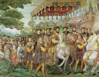 The Solemn Entrance of Emperor Charles V (1500-58), Francis I (1494-1547) and Alessandro Farnese (1546-92) to Paris in 1540, from the 'Sala dei Fasti Farnese', 1557-66 (fresco) (detail of 133347, see also 156714) | Obraz na stenu