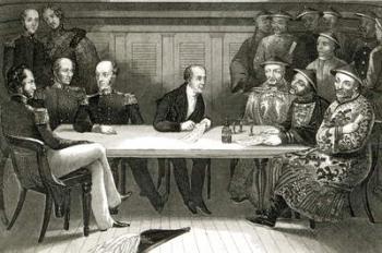 A conference at Chusan between Commodore Bremer and Chang, a Chinese official, on board the HMS Wellesley, 4th July 1841 (engraving) (b/w photo) | Obraz na stenu