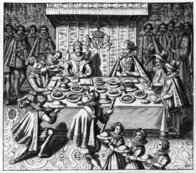 The Spanish Ambassador dines with the King James I of England, c.1620-25 (engraving) | Obraz na stenu