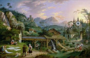 Picture Clock with scene of an Alpine village landscape with clock mechanism in church tower, 1833 (oil on iron plate) | Obraz na stenu