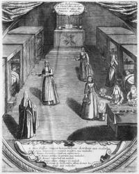 Nuns serving food to the patients at the Hospital of Hotel Dieu in Paris (engraving) (b/w photo) | Obraz na stenu