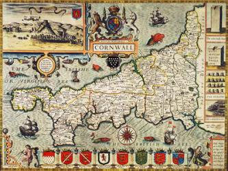 Map of Cornwall from the 'Theatre of the Empire of Great Britain', pub. in London by George Humble, 1627 edition (hand coloured engraving) | Obraz na stenu