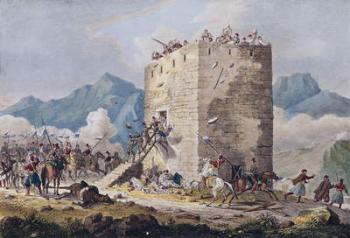 The Resistance of Forty Greek Rebels in a Tower in Thebes in 1833 (coloured engraving) | Obraz na stenu