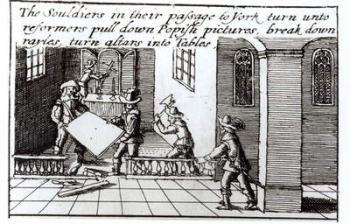 Soldiers in their Passage to York turn into Reformers, Pull down Popish Pictures, Break Down Rayles, turn Altars into Tables (engraving) (b/w photo) | Obraz na stenu