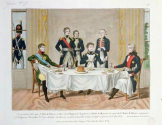 Dinner in Tilsit between Frederick William III of Prussia, Tsar Alexander I of Russia and Napoleon, who raises a toast to the Queen of Prussia, 3rd June 1807 (colour litho) | Obraz na stenu