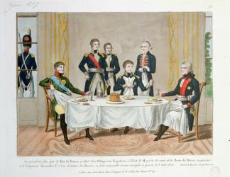 Dinner in Tilsit between Frederick William III of Prussia, Tsar Alexander I of Russia and Napoleon, who raises a toast to the Queen of Prussia, 3rd June 1807 (colour litho) | Obraz na stenu