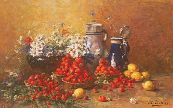 Still life of flowers and fruit (oil on canvas) | Obraz na stenu