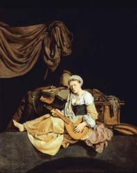 Young Woman Playing a Mandolin (oil on panel) | Obraz na stenu