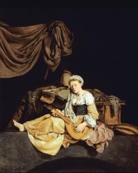 Young Woman Playing a Mandolin (oil on panel) | Obraz na stenu