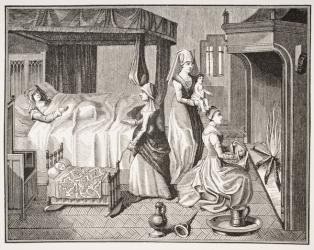 The New Born Child, after a 15th century miniature in 'Histoire de la Belle Helaine', from 'Le Moyen Age et La Renaissance' by Paul Lacroix (1806-84) published 1847 (litho) | Obraz na stenu