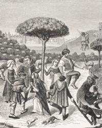 Peasant Dances of the May Feasts, after a miniature in a 15th century prayer book, from 'Le Moyen Age et La Renaissance' by Paul Lacroix (1806-84) published 1847 (litho) | Obraz na stenu