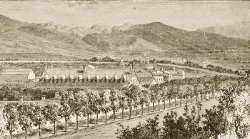 Residence of Brigham Young (1801-77) second President of the Mormon Church, Salt Lake City, Utah, from 'American Pictures', published by The Religious Tract Society, 1876 (engraving) | Obraz na stenu