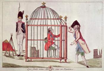 Caricature of Louis XVI (1754-93) in a cage after his arrest at Varennes, 1791 (coloured engraving) | Obraz na stenu