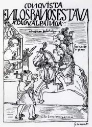 Sebastian de Benalcazar and Hernando Pizarro confront Atahualpa Inca at the Royal Baths in Cajamarca (woodcut) | Obraz na stenu