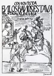 Sebastian de Benalcazar and Hernando Pizarro confront Atahualpa Inca at the Royal Baths in Cajamarca (woodcut) | Obraz na stenu