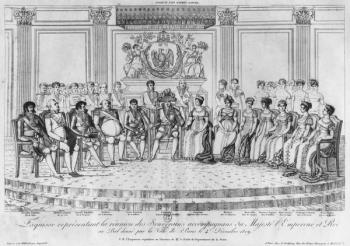 Sketch depicting Napoleon I and the sovereigns at the ball given by the city of Paris on 4th December 1809 (engraving) (b/w photo) | Obraz na stenu