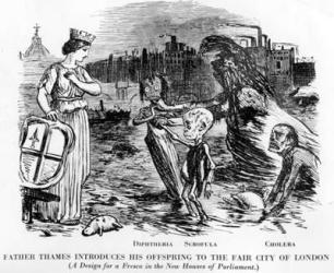 Father Thames Introducing his Offspring to the Fair City of London', the offspring being Diptheria, Scrofula and Cholera. More an open sewer than a river, the disgusting state of the Thames in London. Cartoon from Punch, London, 1858 (engraving) | Obraz na stenu