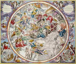 Map of the Christian Constellations as depicted by Julius Schiller, from 'The Celestial Atlas, or The Harmony of the Universe' (Atlas coelestis seu harmonia macrocosmica) pub. by Joannes Janssonius, Amsterdam, 1660-61 (hand coloured engraving) | Obraz na stenu