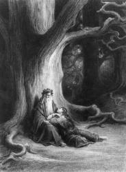 The Enchanter Merlin and the Fairy Vivien in the forest of Broceliande, from 'Vivien', poem by Alfred Tennyson (1809-92), published by Hachette in 1868 (engraving) (b/w photo) | Obraz na stenu