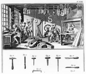 The Instrument Maker's Workshop, plate XVIII from the 'Encyclopedia' by Denis Diderot (1713-84) and Jean le Rond d'Alembert (1717-83) 1772 (engraving) (b/w photo) (see also 82083) | Obraz na stenu