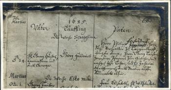 Entry of Handel's Baptism from the Church Register of Marktkirche, Halle, Germany, 1685 (pen & ink on paper) (b/w photo) | Obraz na stenu