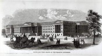South and West Fronts of the Treasury Extension, from 'Harper's New Monthly Magazine', 1859 (engraving) (b&w photo) | Obraz na stenu
