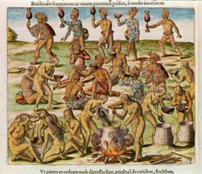 Navigatio in Brasiliam Americae, Preparation of a Beverage made of Corn and Wheat (page 486), 1563 (colour engraving) | Obraz na stenu