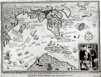 Map of America and directions to China as believed to be a copy of a 16th century original (litho) (b/w photo) | Obraz na stenu