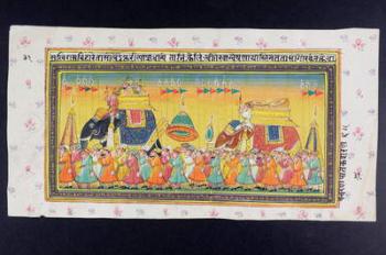 Dignitaries ride on the back of an elephant in a howdah attended by a mahout or elephant driver, Rajasthani miniature painting (w/c on paper) | Obraz na stenu