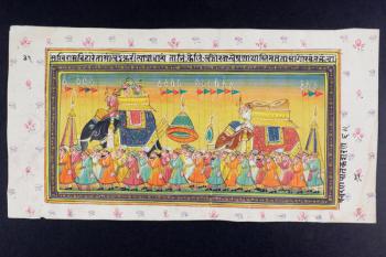 Dignitaries ride on the back of an elephant in a howdah attended by a mahout or elephant driver, Rajasthani miniature painting (w/c on paper) | Obraz na stenu