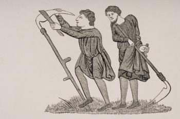 Serfs Labouring in the Fields with Scythes, after a miniature in a 12th century manuscript, from 'Le Moyen Age et La Renaissance' by Paul Lacroix (1806-84) published 1847 (litho) | Obraz na stenu