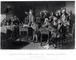 Patrick Henry addressing the Virginia Assembly, March 1775 engraved by Henry Bryan Hall (1808-84), 1856 (engraving) (b&w photo) | Obraz na stenu