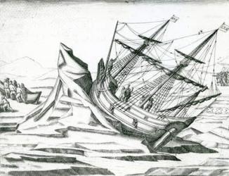 Sailing ship stranded on Iceberg, Illustration from 'India Orientalis' 1598 (engraving) | Obraz na stenu