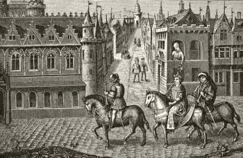 Louis IX has a pot of urine poured on him by a student as he rides to church in Paris, from 'Science and Literature in the Middle Ages' by Paul Lacroix (1806-84) published London 1878 (litho) | Obraz na stenu