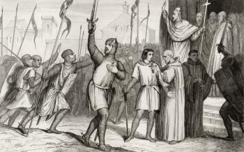 Philippe I (1052-1108) and Pope Urban II (c.1035-99) rally followers for the First Crusade in 1095, from 'Histoire de France' by Colart, published c.1840 (engraving) | Obraz na stenu