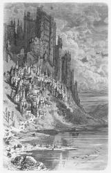 Fantasy landscape with town and castle, illustration from 'Les Contes Drolatiques' by Honore de Balzac (1799-1850) (engraving) (b/w photo) | Obraz na stenu