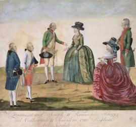 Meeting between Joseph II of Germany (1741-90) and Empress Catherine the Great (1729-96) at Koidak, 18th May, 1787 (coloured copperplate engraving) | Obraz na stenu