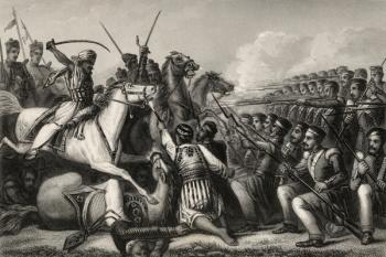 Mutineer cavalry attacking an infantry square at the Battle of Cawnpore in 1857, from 'The History of the Indian Mutiny', published in 1858 (engraving) | Obraz na stenu
