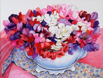 Sweet Peas in a Victorian Pot with Textiles 2012 (w/c on paper) | Obraz na stenu