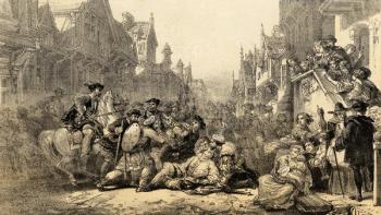 Assassination of Regent James Stewart Moray (c.1531-70) Regent of Scotland, in Old Linlithgow, West Lothian (engraving) | Obraz na stenu