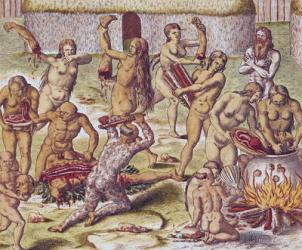 Dismembering and cooking an enemy, from 'Americae Tertia Pars..', 1562 (coloured engraving) | Obraz na stenu