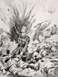 Reverend John Gwynn chaplain to Irish Guards giving Last Sacrament to dying German soldier just before he himself was killed on Hill 70 at Battle of Loos, France, October, 1915, from 'The War Illustrated Album, deLuxe', published in London, 1916 (litho) | Obraz na stenu