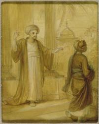 Two male figures standing, illustration from an Eastern Romance, possibly 'The Arabian Nights' (oil on paper on board) | Obraz na stenu
