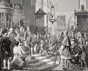 Swearing in of the deputies during the opening session of the Cortes of Cadiz, Spain, 1810, from 'The Universal Museum', engraved by Tomas Carlos Capuz (1834-99) and Salmon, published 1862 (engraving) | Obraz na stenu