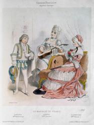 Mademoiselle Reichemberg as Cherubin, Mademoiselle Croizette as Suzanne and Mademoiselle Broisat as the Countess in 'The Marriage of Figaro' by Pierre-Augustin Caron de Beaumarchais (1732-99) (colour litho) | Obraz na stenu