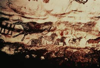 Rock painting of a leaping cow and a frieze of small horses, c.17000 BC (cave painting) | Obraz na stenu